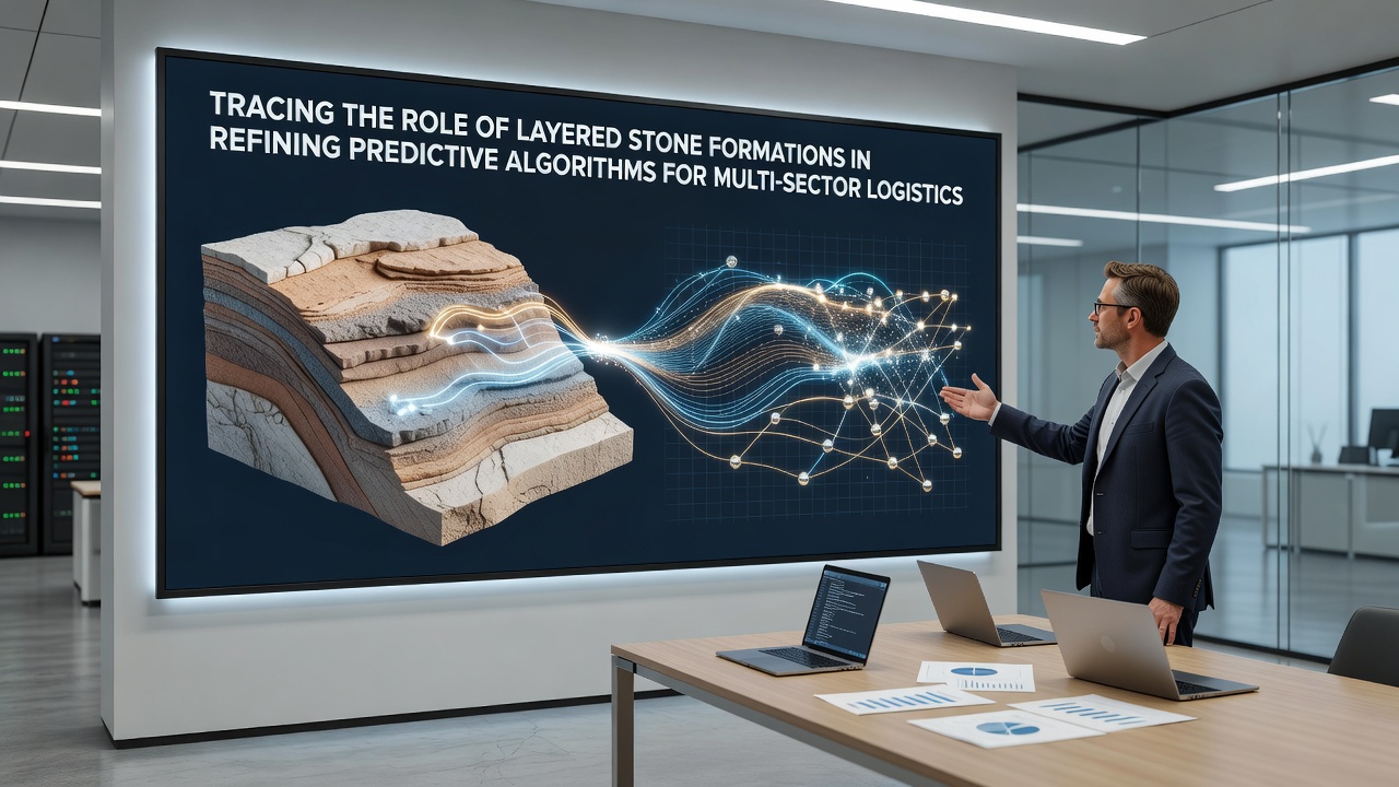 Cross-section diagram comparing geological strata to segmented logistics data flows in predictive modeling systems